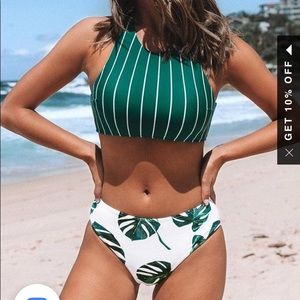 Cupshe TEAL STRIPE AND LEAVES PRINT BIKINI